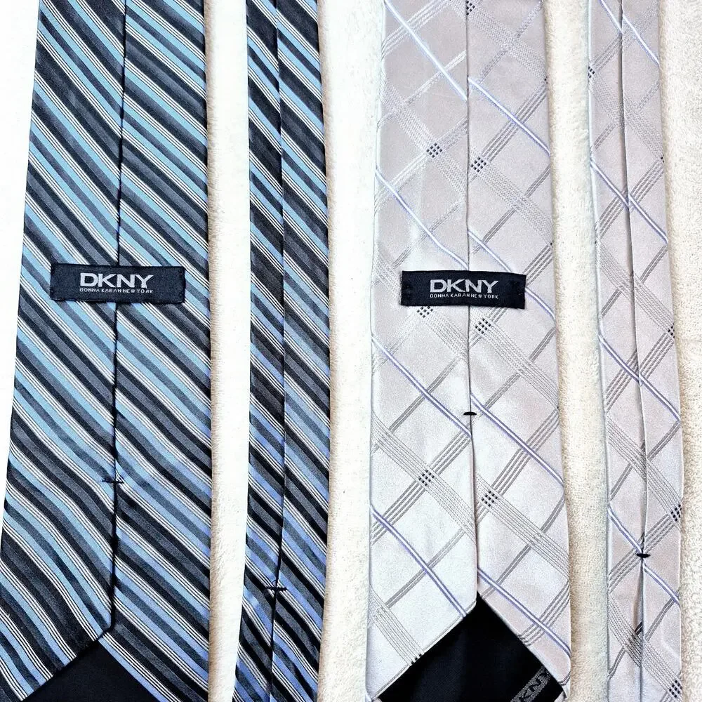 Lot of 2 DKNY Donna Karan Designer Striped Blue & Gray 100% Silk Neckties